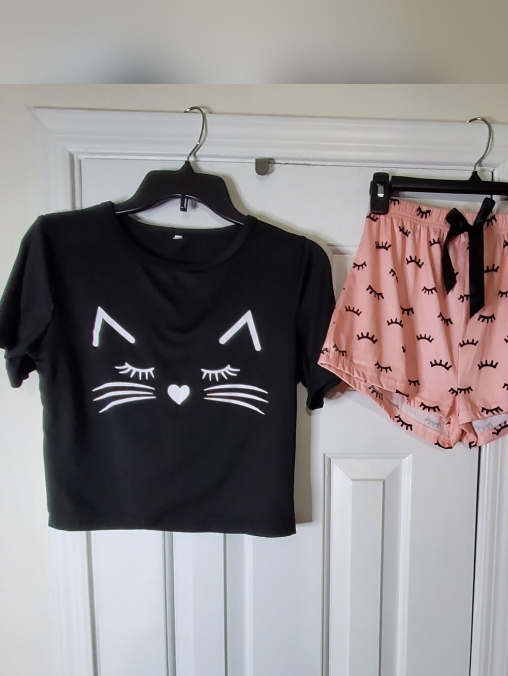 Girl's 2 Piece Cat Face Pajama Short Sleep Lounge Tee Set Black/Pink - Picture 2 of 12